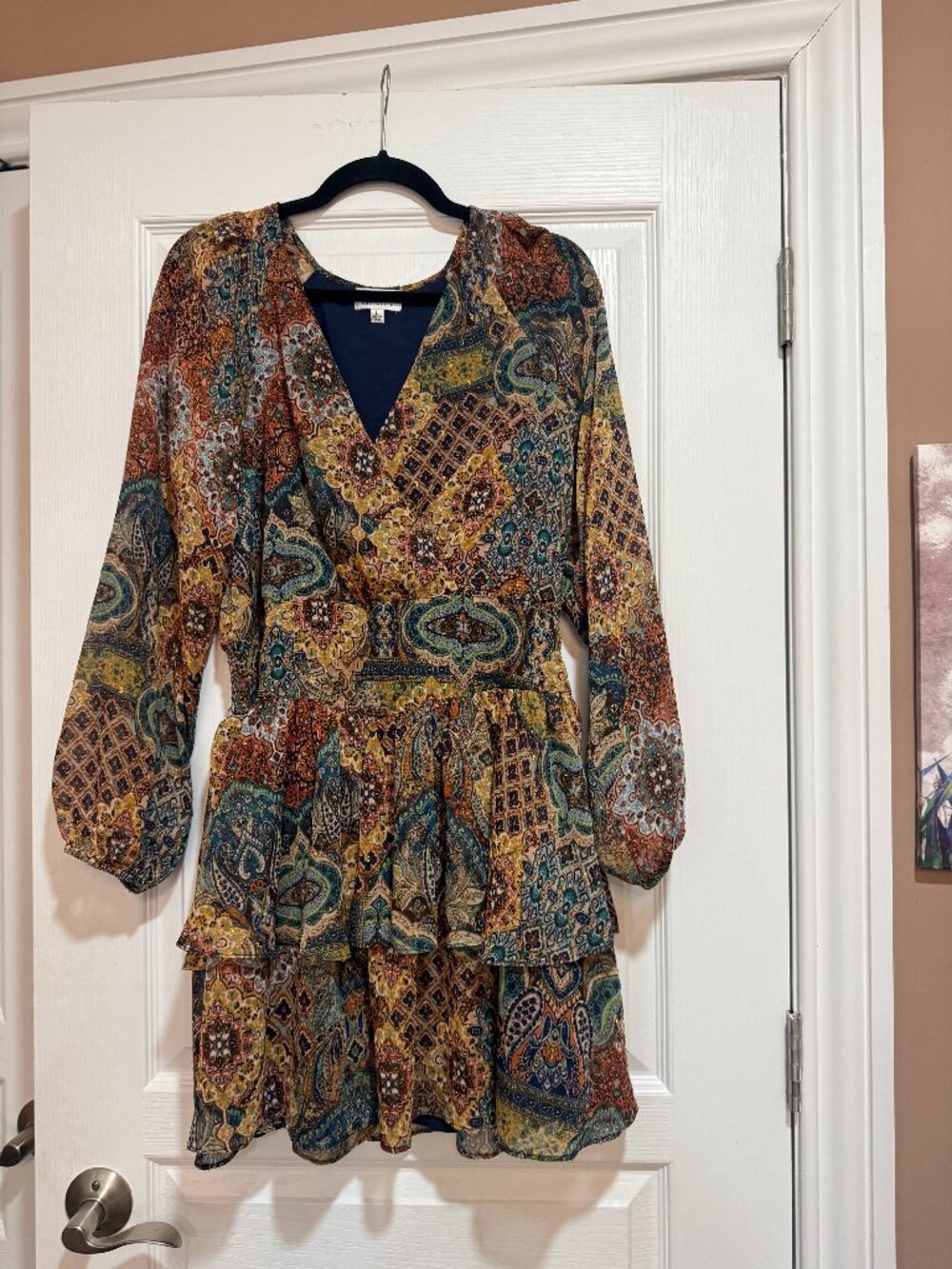 Socialite Paisley Long Sleeve Tiered Dress Multicolor Size Large
